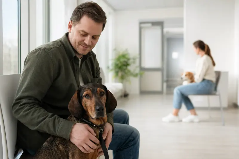 Ein ruhiger Alpenländischer Erzgebirgler Dachsbracke Hund sitzt neben seinem Besitzer in einer modernen Tierarztpraxis.
